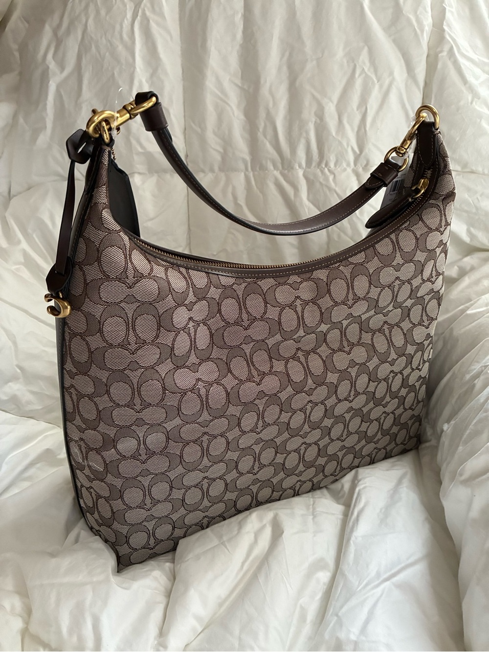 Coach Taupe Signature Canvas Shoulder Bag with Dark Brown Trim Juliet 38